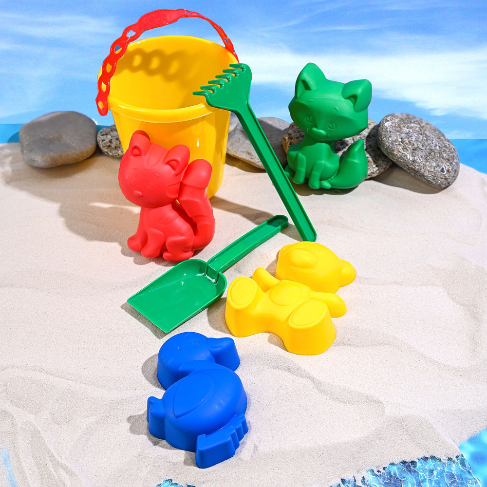 Набор для игры в песке (желтое ведёрко, 4 формочки для песка, грабельки, лопатка)  #1