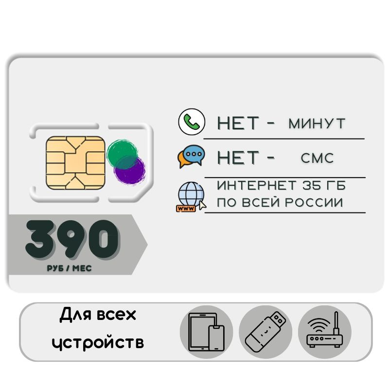 SIM-карта Комплект Сим карта интернет 390 руб. в месяц 35ГБ для любых устройств YATP15MEG (Вся Россия) #1