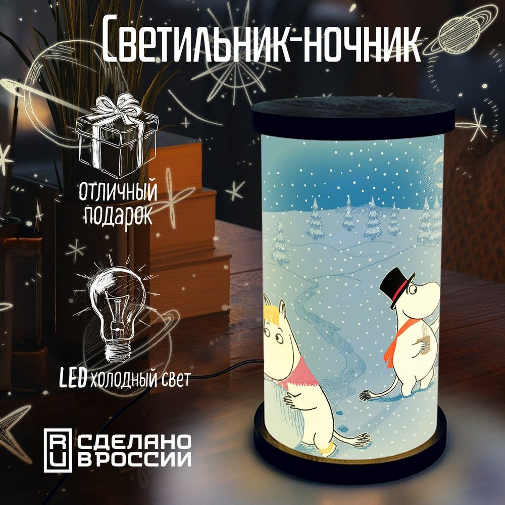 Настольный светильник - ночник, форма цилиндр "moomin (муми тролли, Мама, Снусмумрик, Титиу, Мора, Туве #1