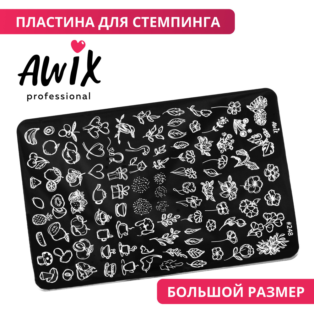 Awix, Пластина для стемпинга Big 248, металлический трафарет для ногтей папоротник, фрукты  #1