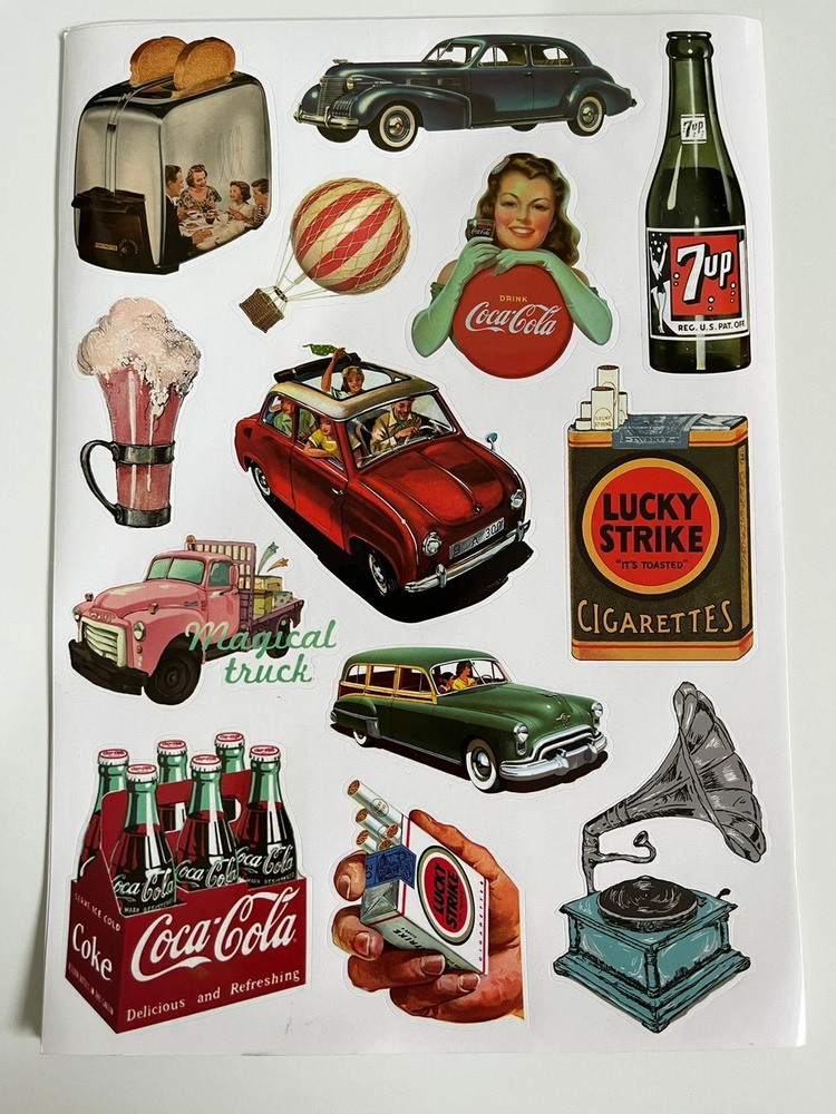 Наклейки: Coca-Cola, 7up, Lucky Stike и др. в стиле ретро MV22A4C020 (13 элементов)(21х30)  #1