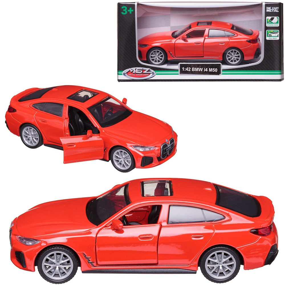 Машинка металлическая MSZ серия 1:43 BMW I4 M50, цвет красный, инерционный механизм, двери открываются #1