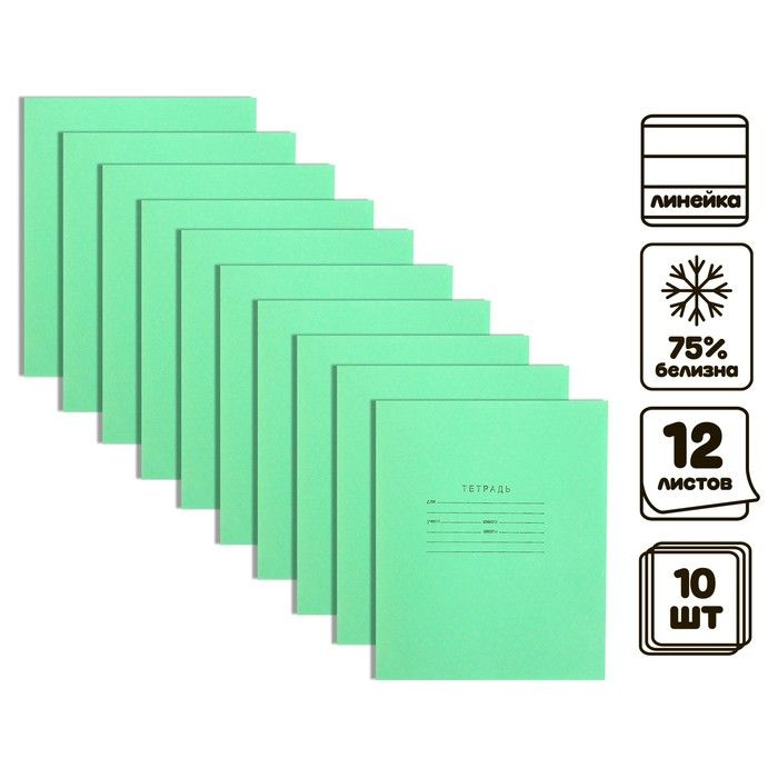Комплект тетрадей из 10 штук, 12 листов в линию КПК "Зелёная обложка", блок №2, белизна 75% (серые листы) #1