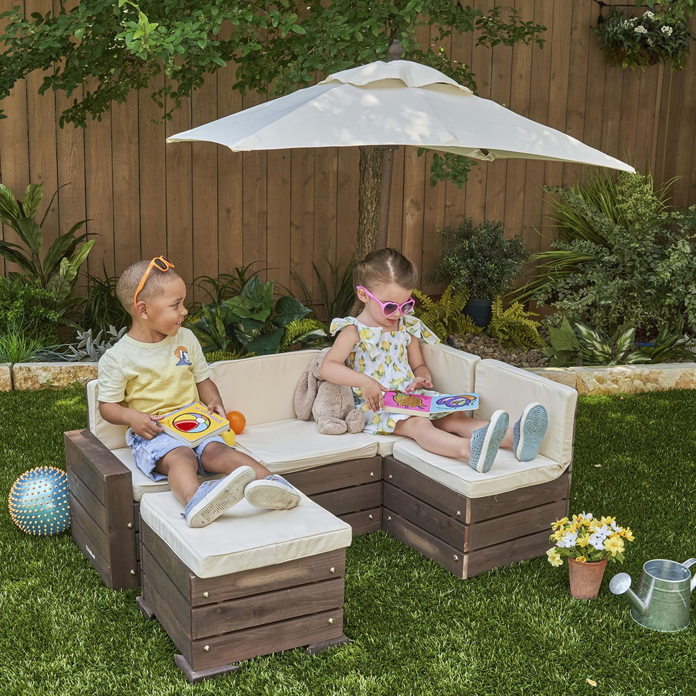 Набор садовой мебели для детей (секционный диван, пуф-стол, зонт), бежево-коричневый  #1