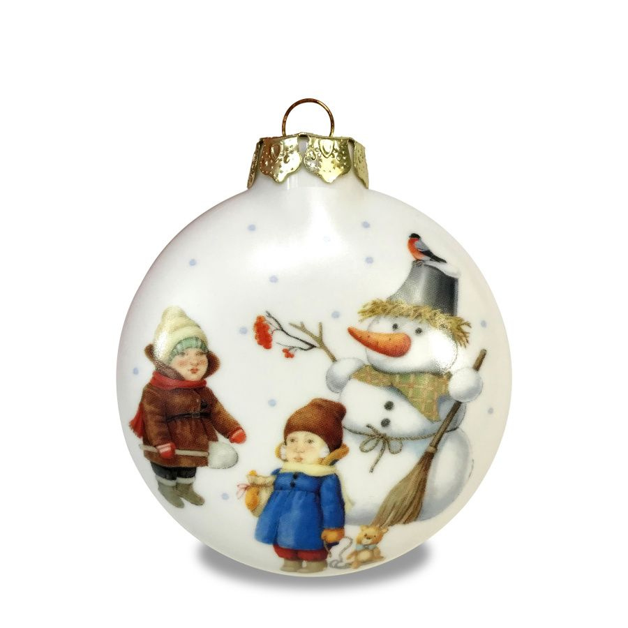 Медальон фарфоровый елочная игрушка (дети и снеговик). Авторская работа Россия.  #1