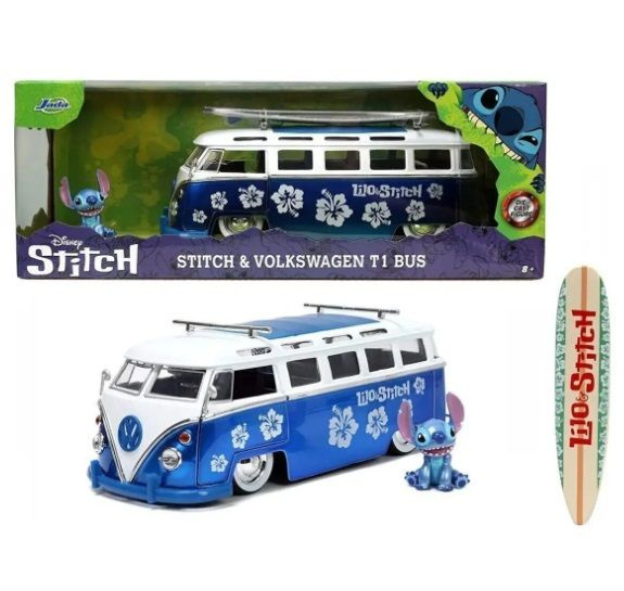 Коллекционная модель JADA. Stitch & Volkswagen T1 Bus. Автобус Стича + фигурка и доска для серфинга (Масштаб #1