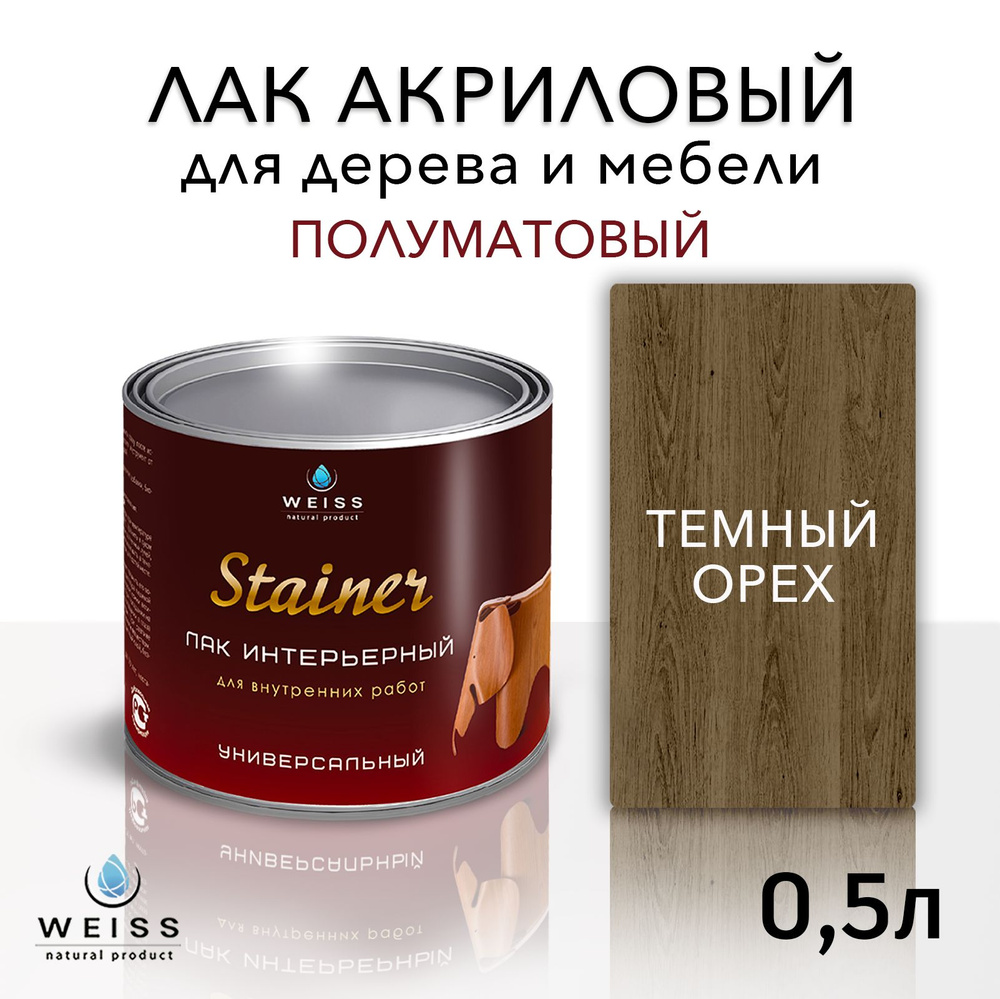 Лак интерьерный 058 темный орех, полуматовый, для дерева и мебели, Weiss natural product, без запаха, #1