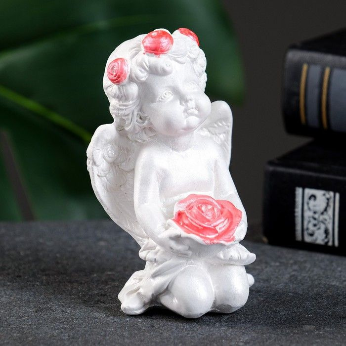 Декоративная фигурка Хорошие сувениры "Ангелочек с розой" перламутровая, 10х6х5 см  #1