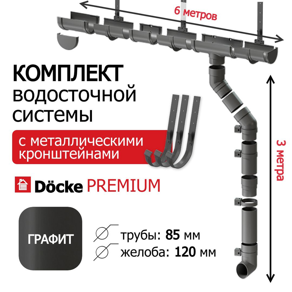 Водосточная система для крыши, Docke, 6м/3м, серия Premium, цвет графит, водосток для крыши дома ПВХ, #1