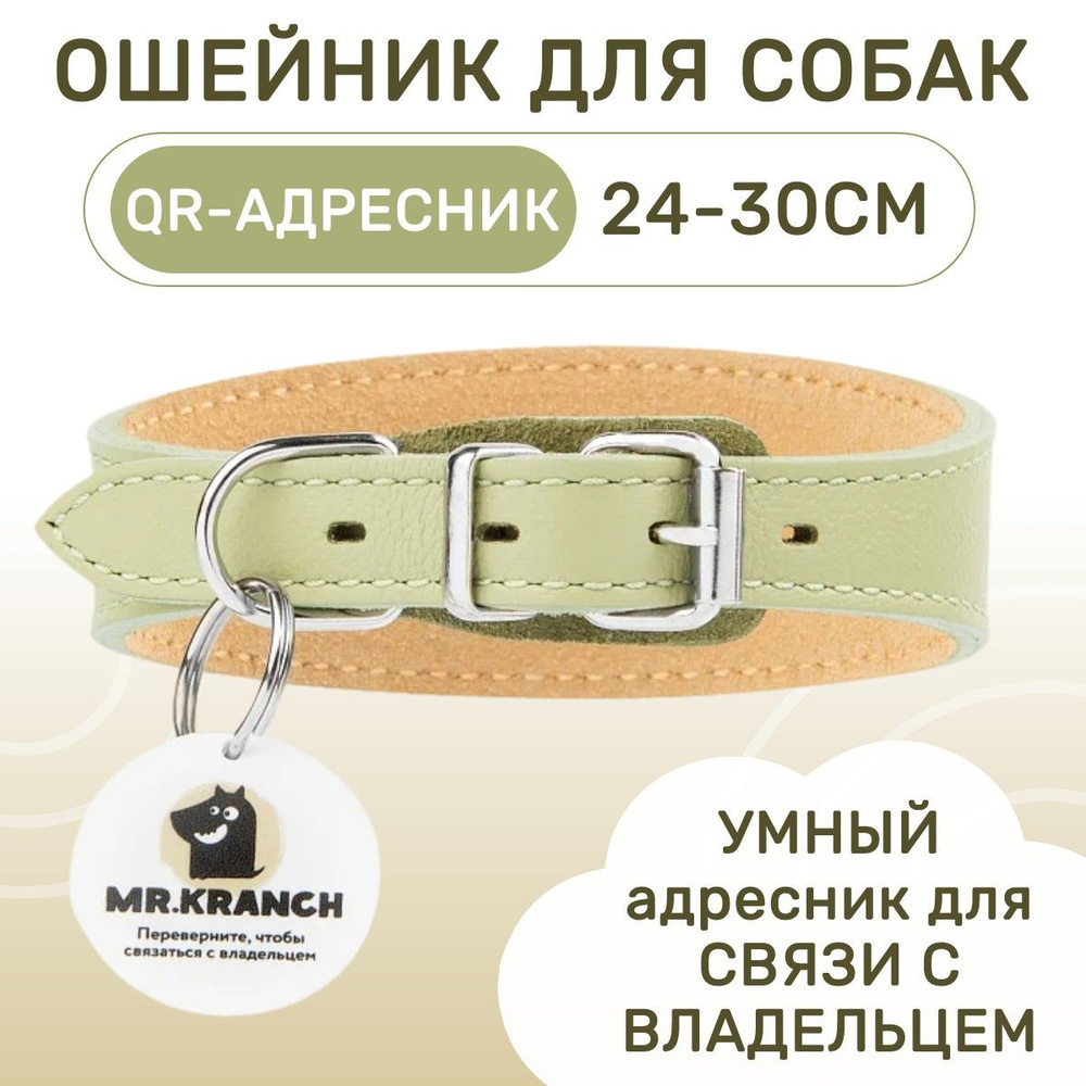 Ошейник-селедка Mr.Kranch для собак из натуральной кожи с QR-адресником, 24-30 см, нежно-зелёный  #1