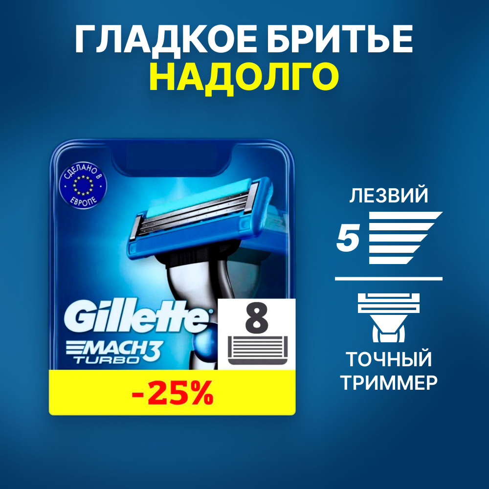 Сменные кассеты Gillette Mach Turbo с 3 лезвиями для бритья, 8 шт / Лезвия для бритвы Джилет мужские #1