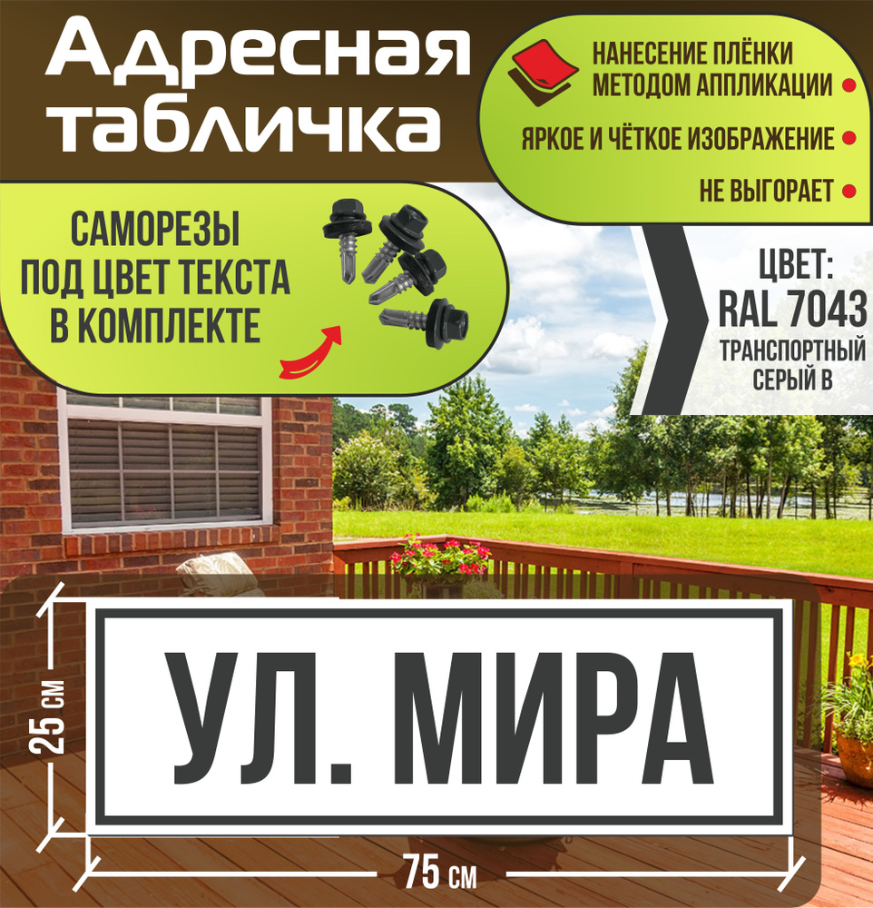 Адресная табличка на дом улица Мира RAL 7043 серая #1