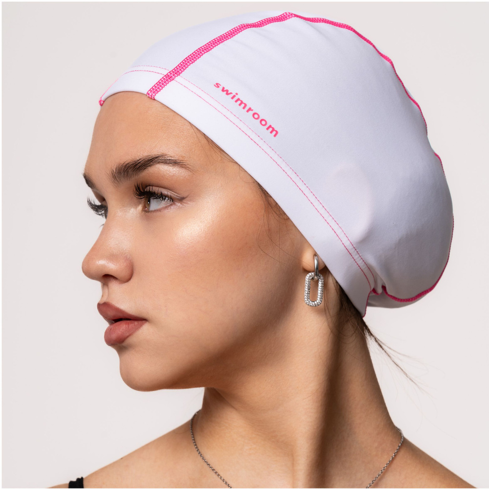 Тканевая шапочка для плавания SwimRoom "Lycra", размер 56-60, цвет белый/ розовый  #1