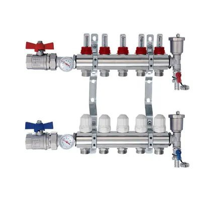 Коллекторная группа Tim (KA004) 1" ВР-ВР, 4 отвода 3/4", расходомер, воздухоотводчик, сливной кран, торцевой #1