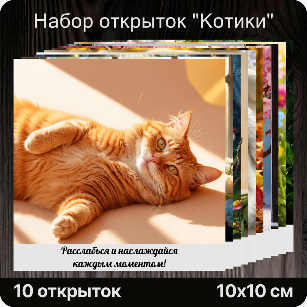 Дизайнерские открытки "Котики", 10 штук. Милые, праздничные, на подарок, сюрприз, к букету.  #1