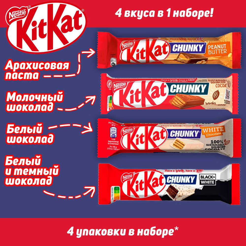 Набор - шоколадные батончики KitKat Chunky, 4 вкуса, 4 шт #1