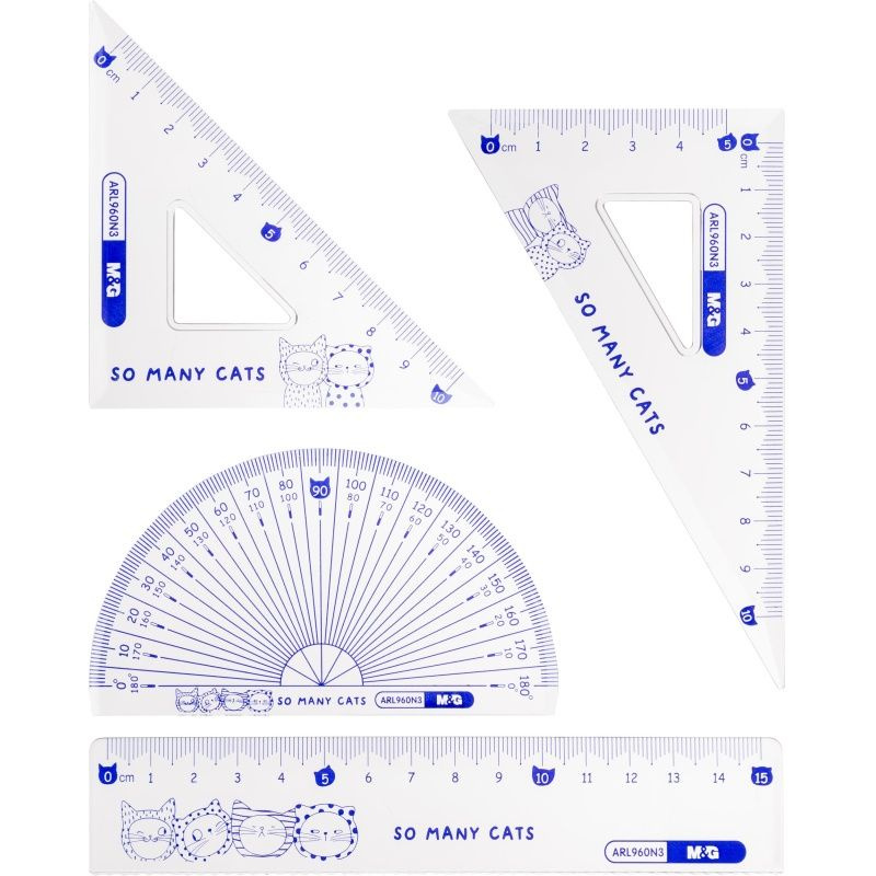 Чертежный набор M&G "So Many Cats", линейка, транспортир, 2 треугольника (ARL960N3)  #1