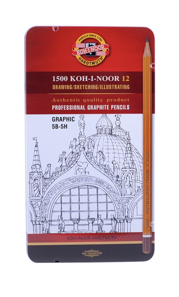 Набор чернографитных карандашей Koh-I-Noor 1500 Graphic 12шт., 5B-5H в металлическом пенале  #1