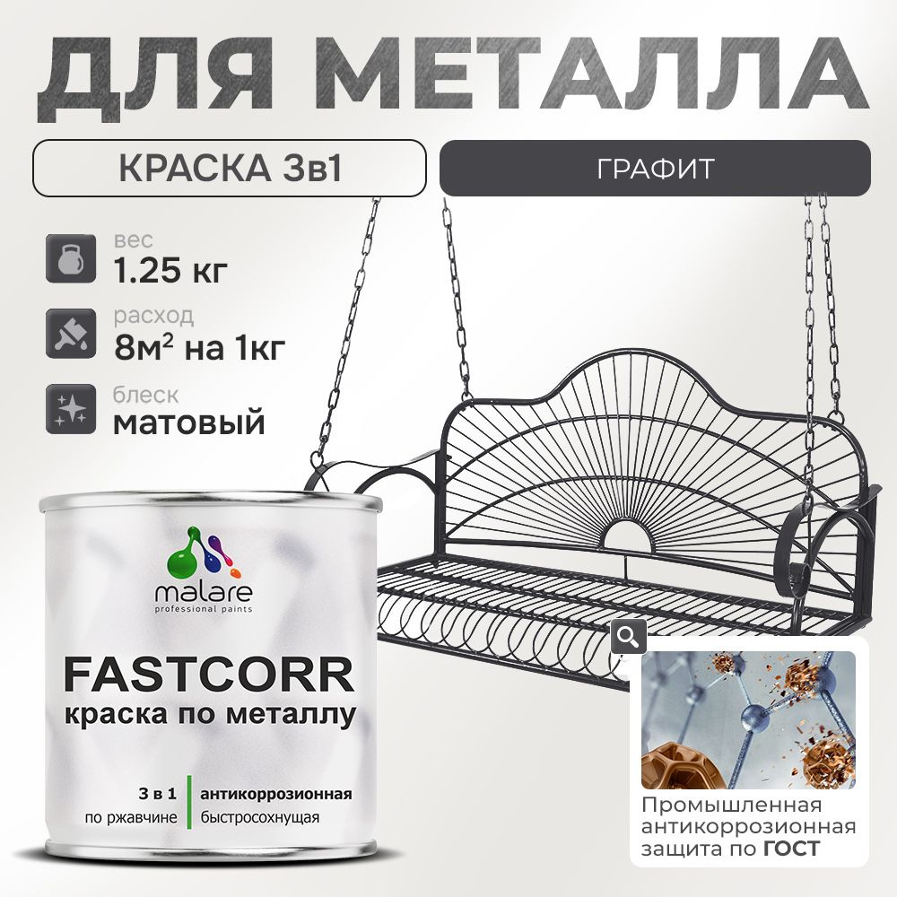 Краска для металла по ржавчине Malare FastCorr, для наружных работ износостойкая, быстросохнущая RAL #1