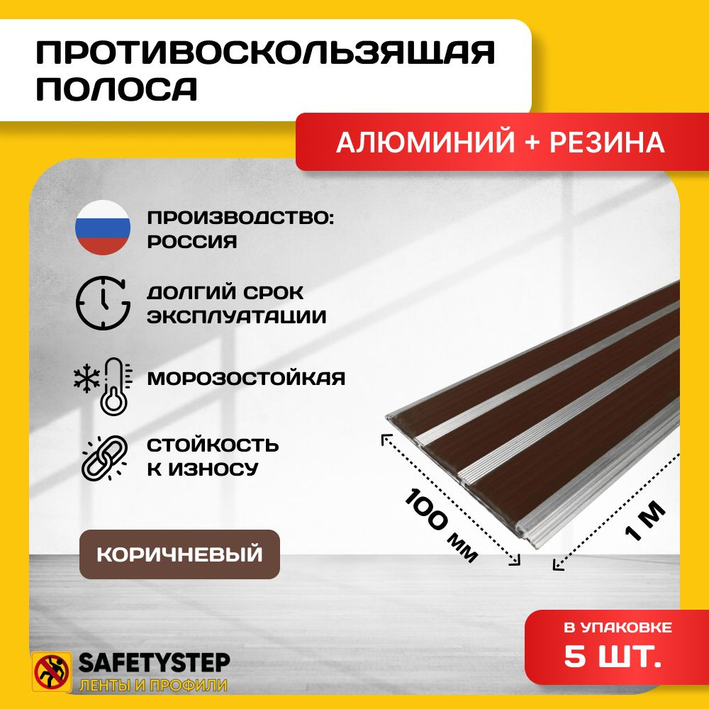 Алюминиевая полоса-порог с 3 резиновыми вставками, цвет вставки коричневый, длина 1м, упаковка 5 шт  #1