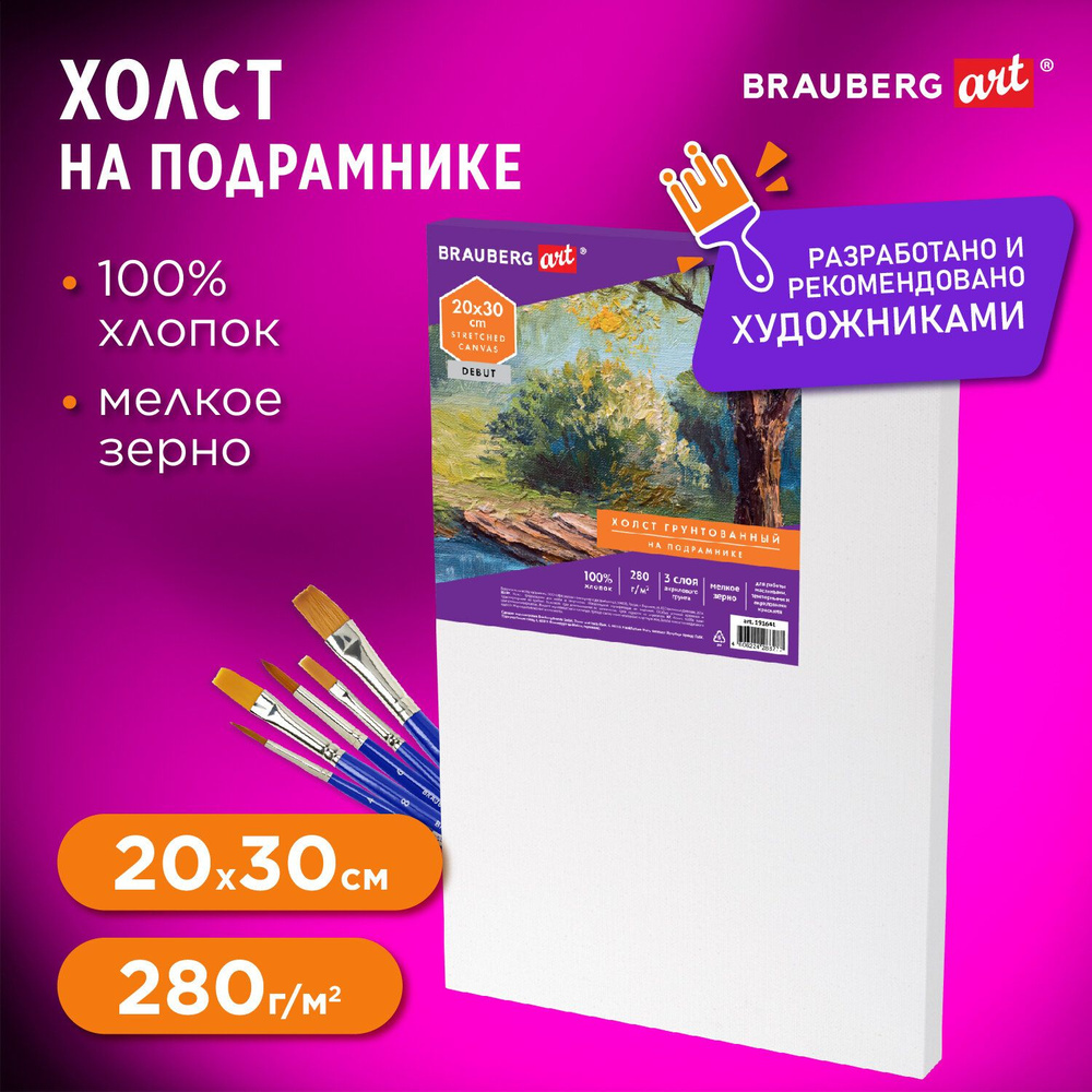 Холст / полотно на подрамнике для рисования Brauberg Art Debut, 20х30см, 280 г/м2, грунт, 100% хлопок, #1