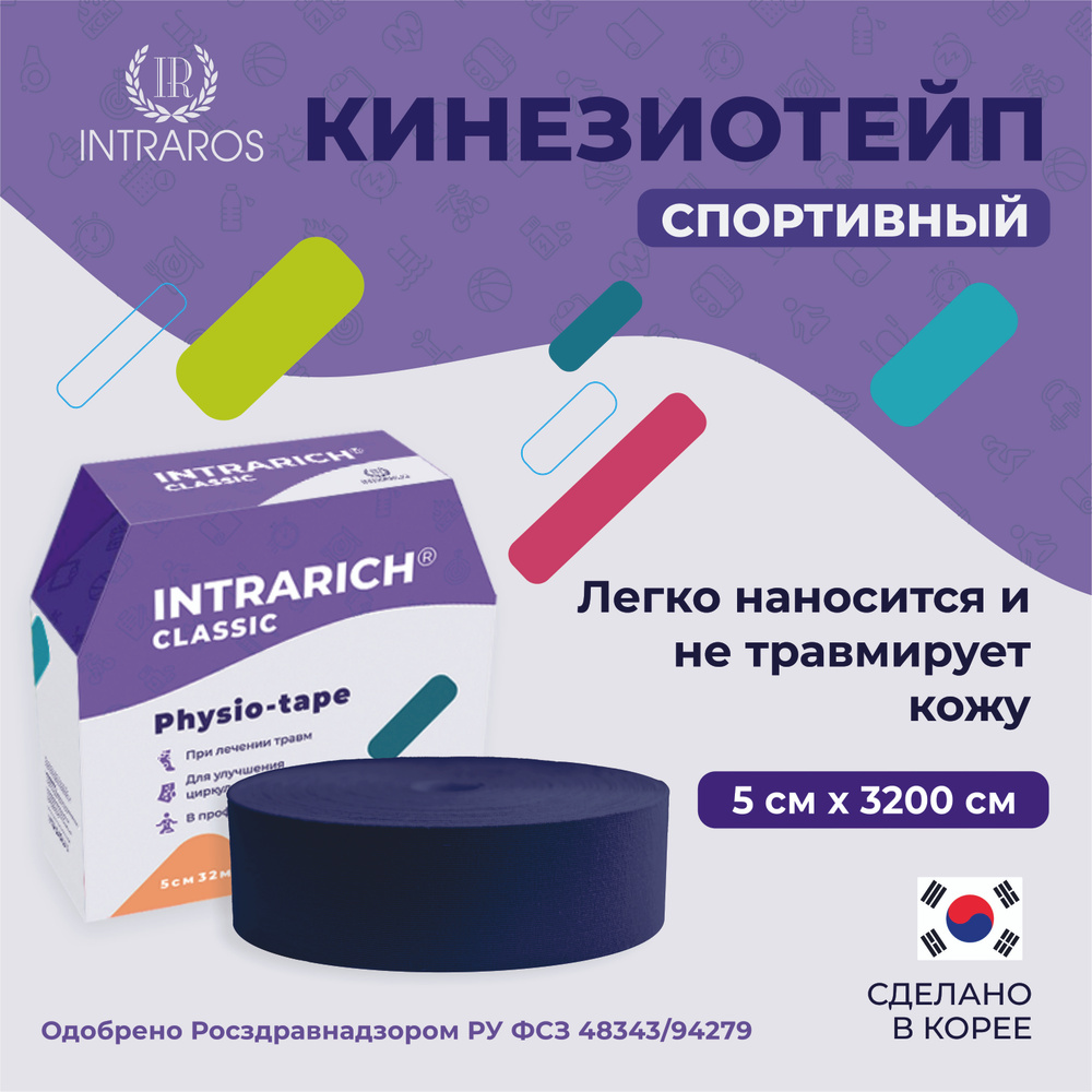 Тейп спортивный (лента) для тела INTRARICH CLASSIC JNG-010, размер 5см х 32 м, цвет синий,  #1