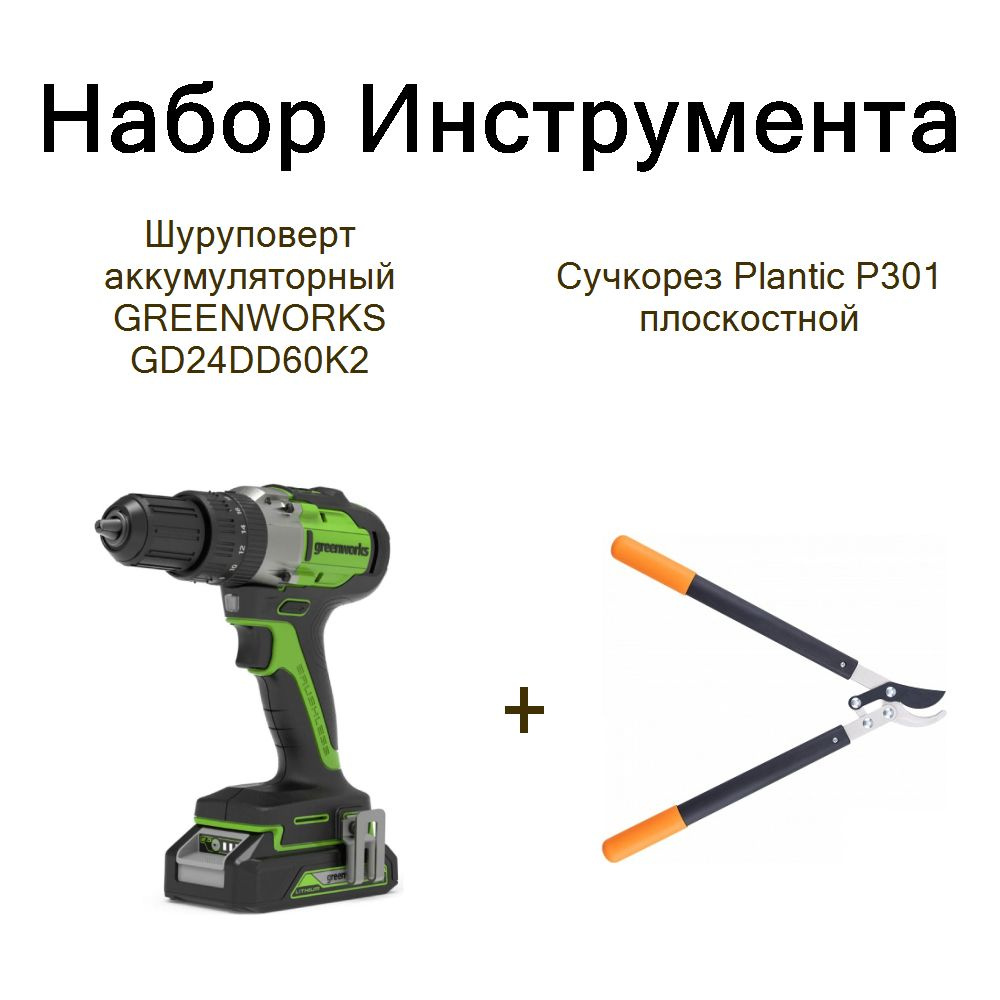 Шуруповерт аккумуляторный GREENWORKS GD24DD60K2+Сучкорез Plantic P301 плоскостной  #1