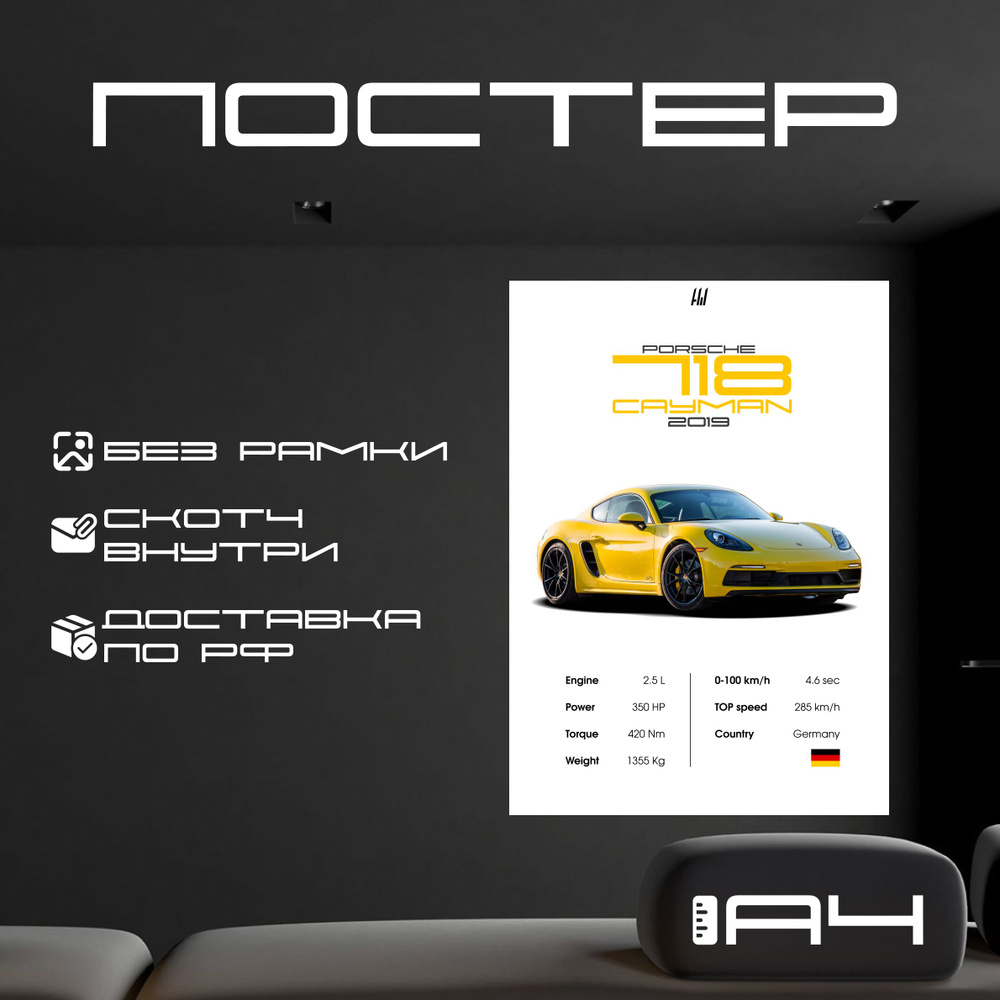 Постер "PORSCHE 718 Cayman 2019 с характеристиками без рамки, формат А4", 29.7 см х 21 см  #1