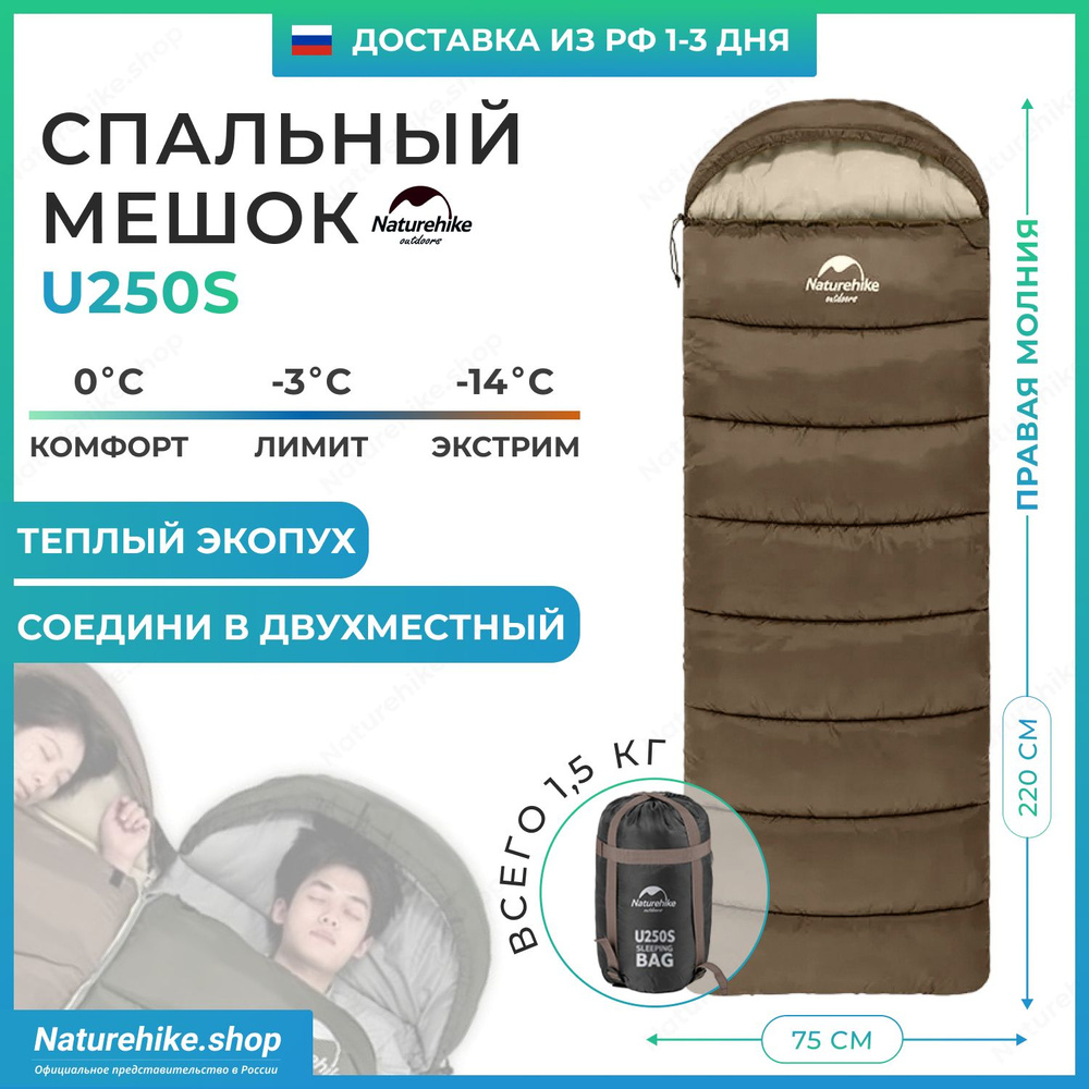 Спальный мешок Naturehike u250s / до -14С, вес 1.5 кг, коричневый, молния справа / превращается в двухместный #1