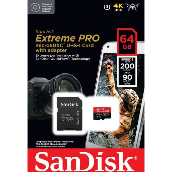 Карта памяти Extreme Pro micro SDXC 64Gb UHS-I U3 V30 A2 + ADP (200/90 MB/s) SDSQXCU-064G-GN6MA  #1