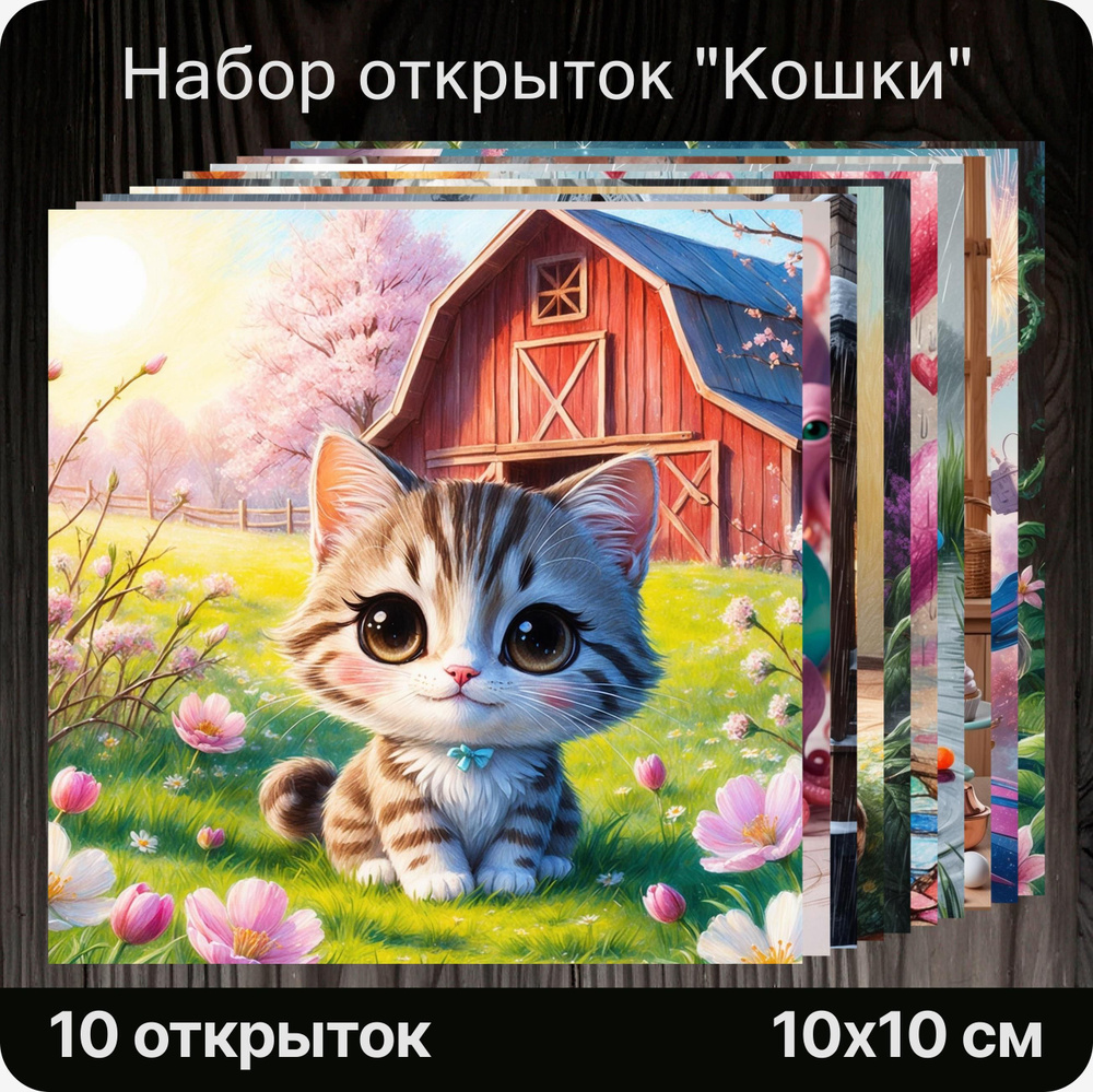 Авторские открытки "Кошки", 10 штук. Милые, праздничные, на подарок, сюрприз, к букету.  #1