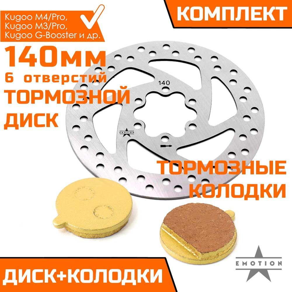 Диск тормозной Ф140 мм / Тормозные колодки золотые электросамокат Kugoo M4/M4 Pro, M3/M3 Pro, G-Booster, #1