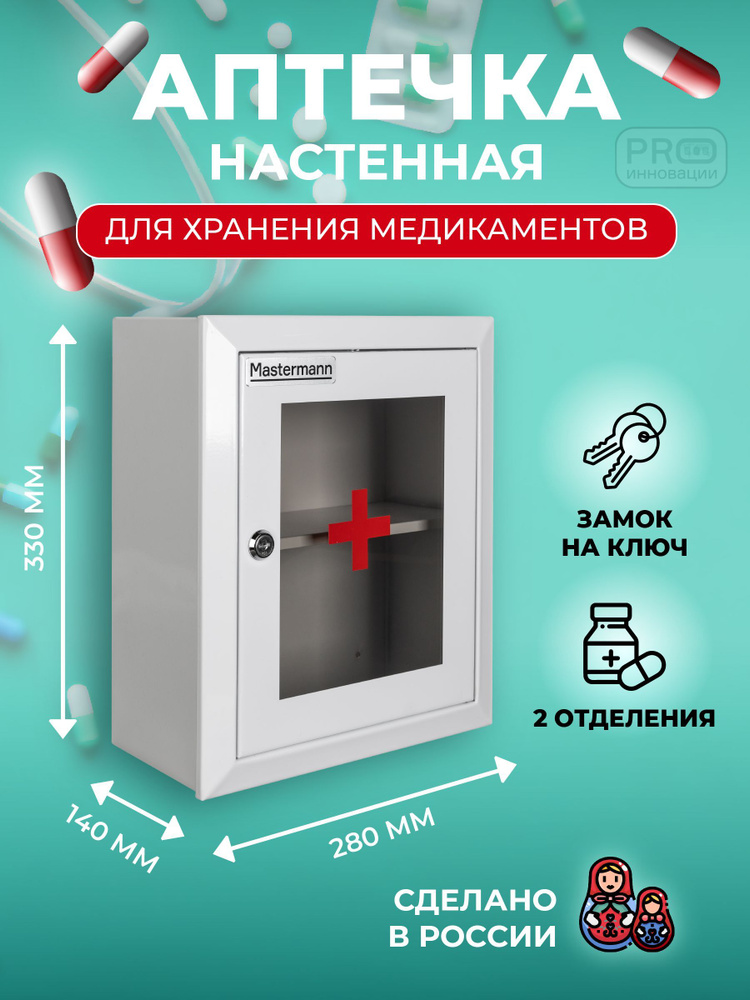 Аптечка настенная металлическая с замком MASTERMANN 2C со стеклом, 330х280х140 мм, IP 31  #1