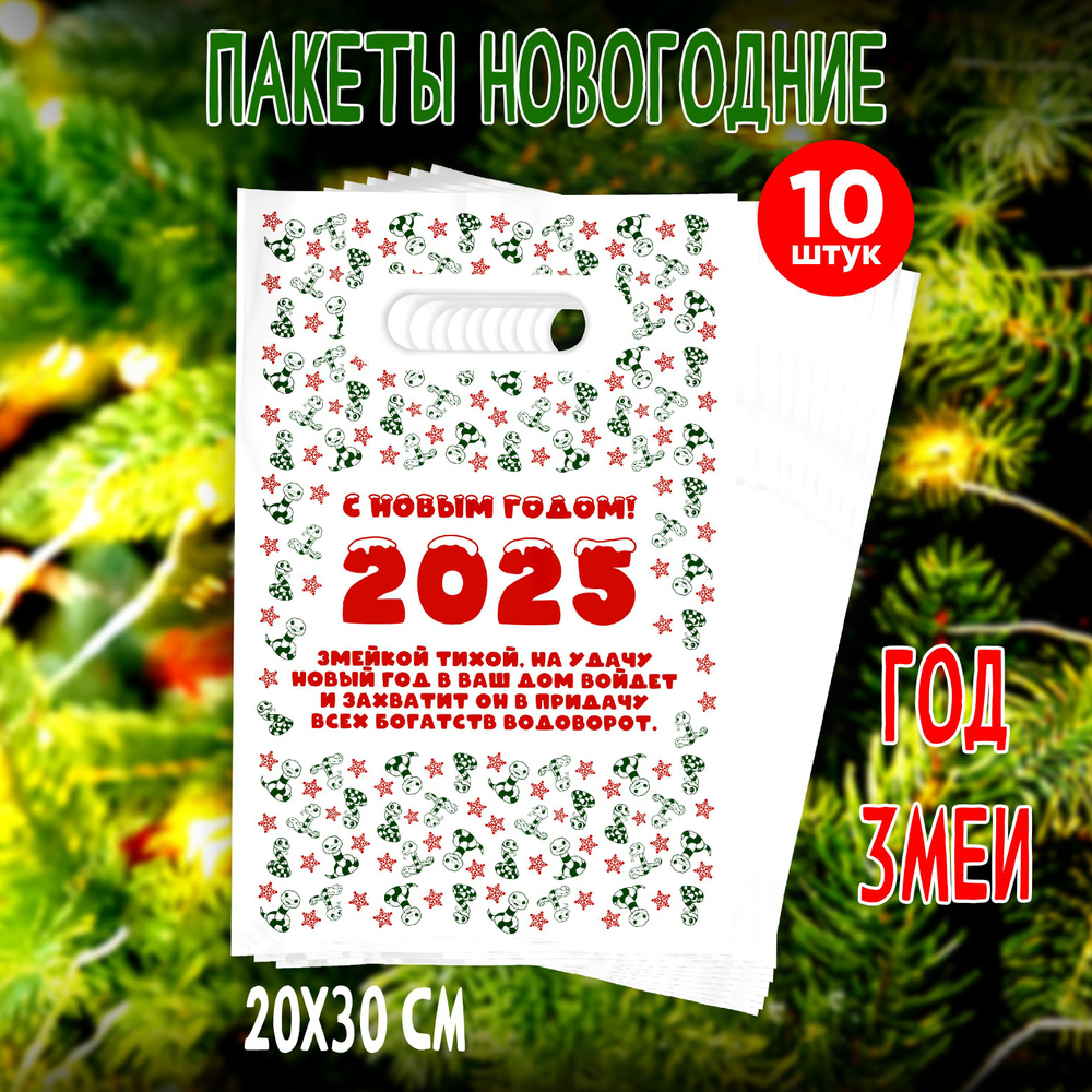 Подарочные новогодние пакеты набор 10 штук Год Змеи, размер 20 на 30 см.  #1