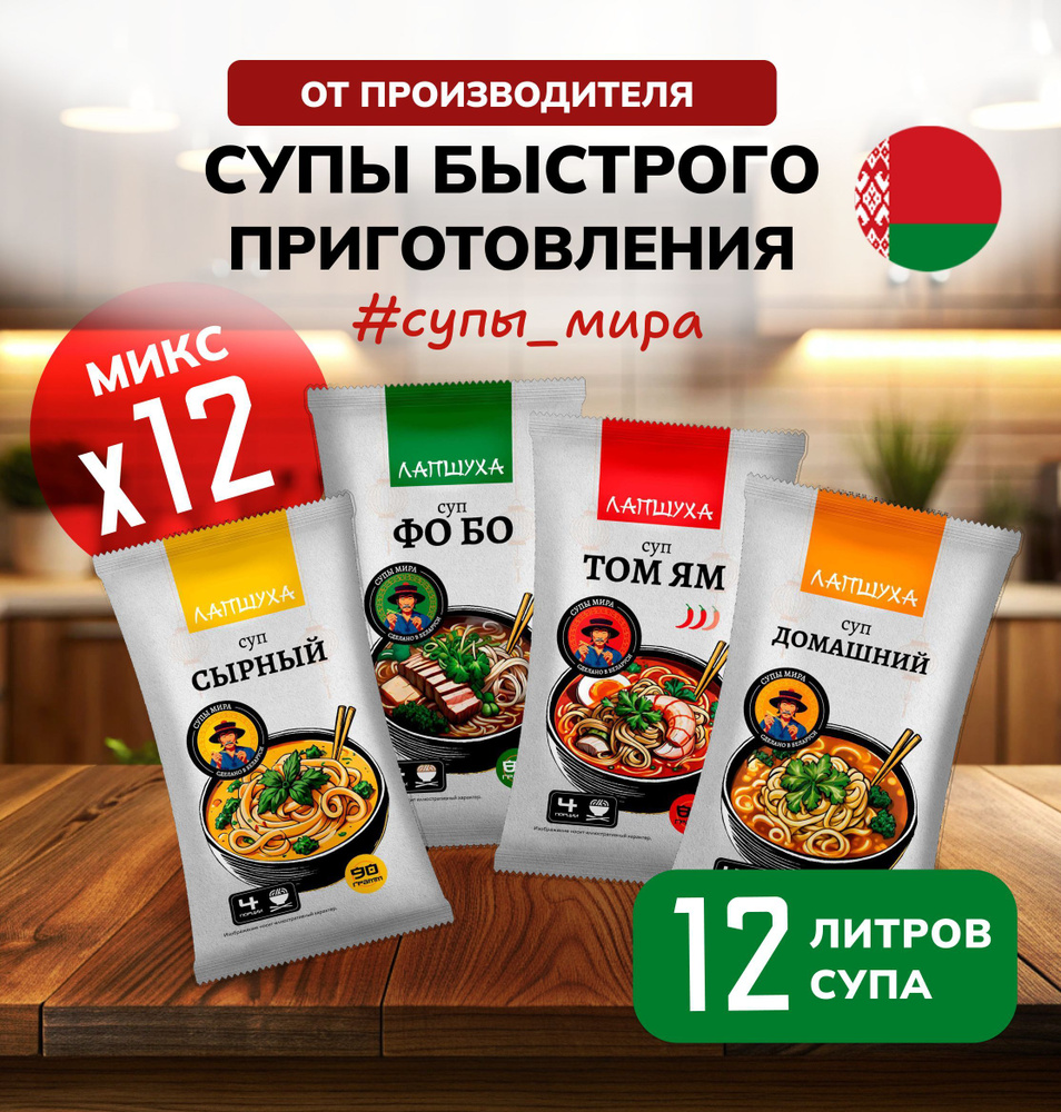 Набор Супы мира Пряный Дом 12 шт Том Ям, Фо Бо, Сырный, Домашний супы быстрого приготовления  #1