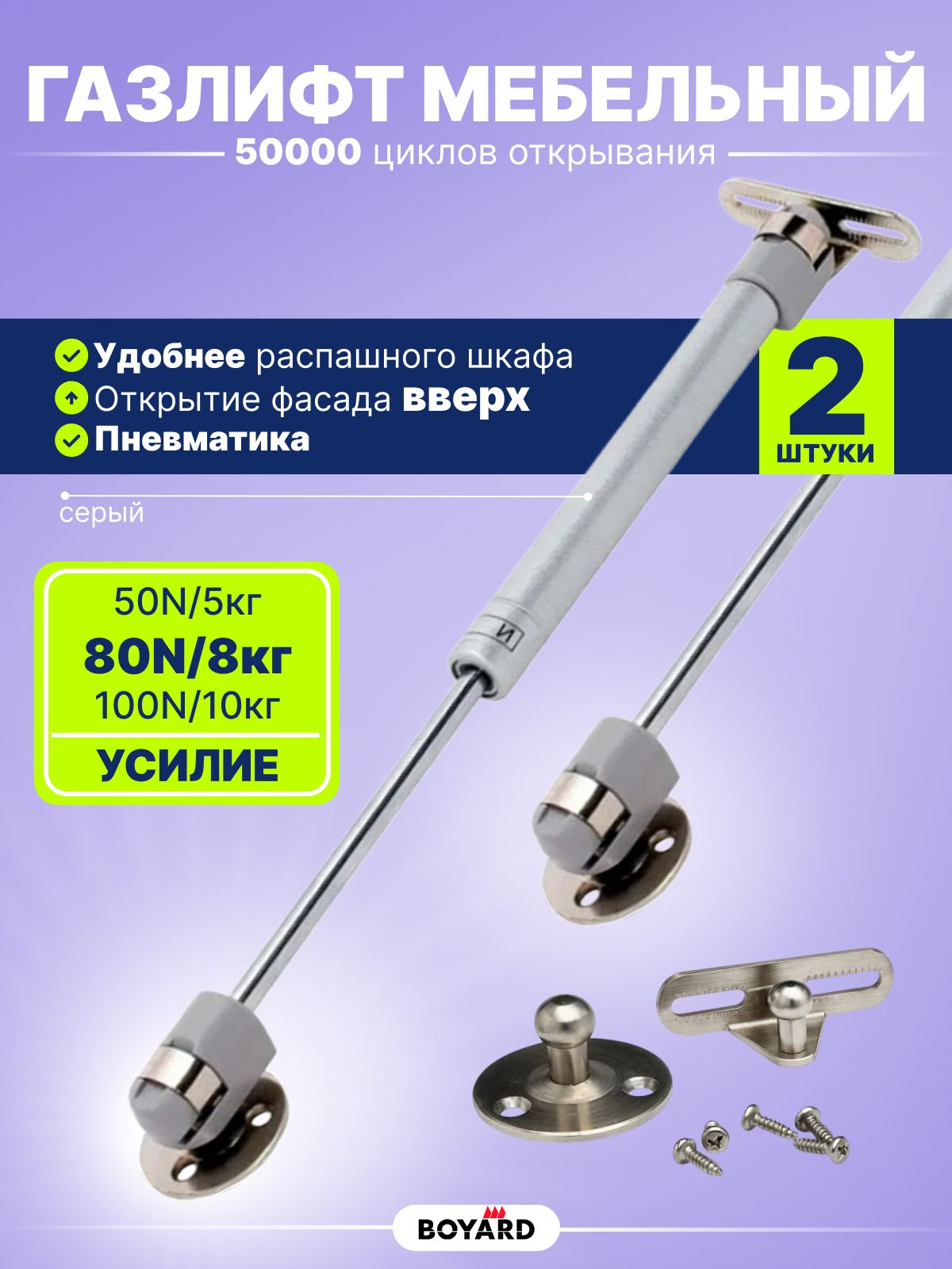 ГазлифтмебельныйпневматическийBOYARDсерый80N/8кг,2штуки