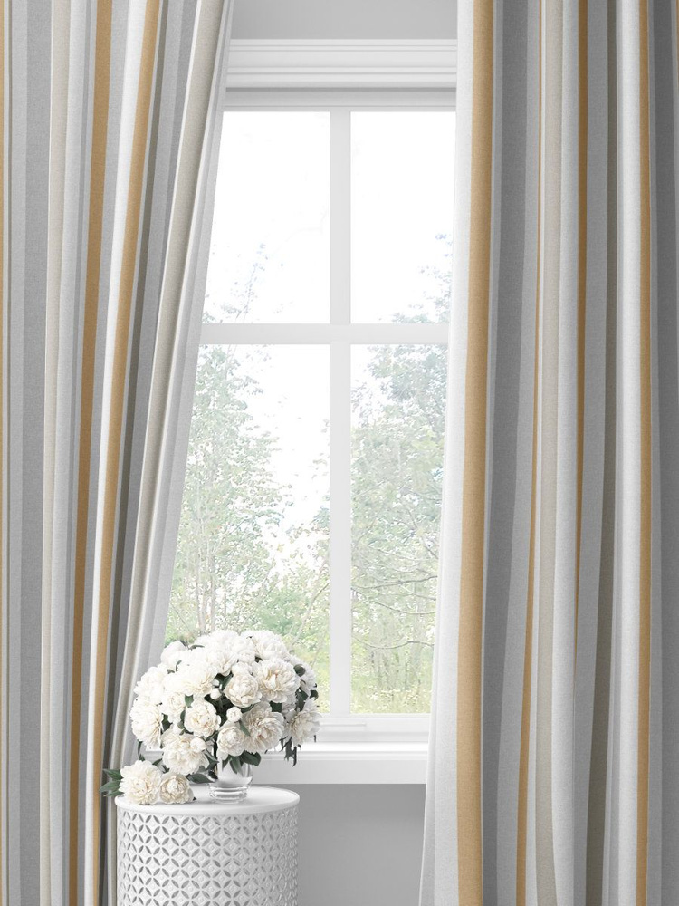 Комплект штор с серыми и песочными полосками на белом фоне decoracion 33010104 (145х275х2шт)  #1