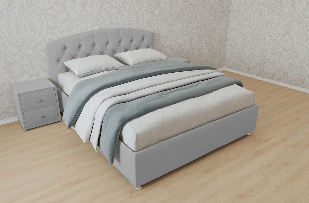 Двуспальная кровать Берлин с матрасом 140x200 основание металлическое с ламелями велюр серый без ножек #1