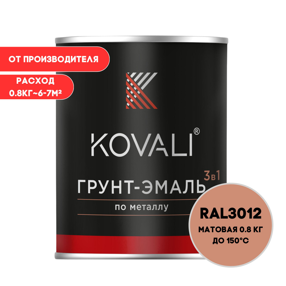 Грунт-эмаль 3 в 1 KOVALI матовая Бежево-красный RAL 3012 0,8кг краска по металлу, по ржавчине, быстросохнущая #1