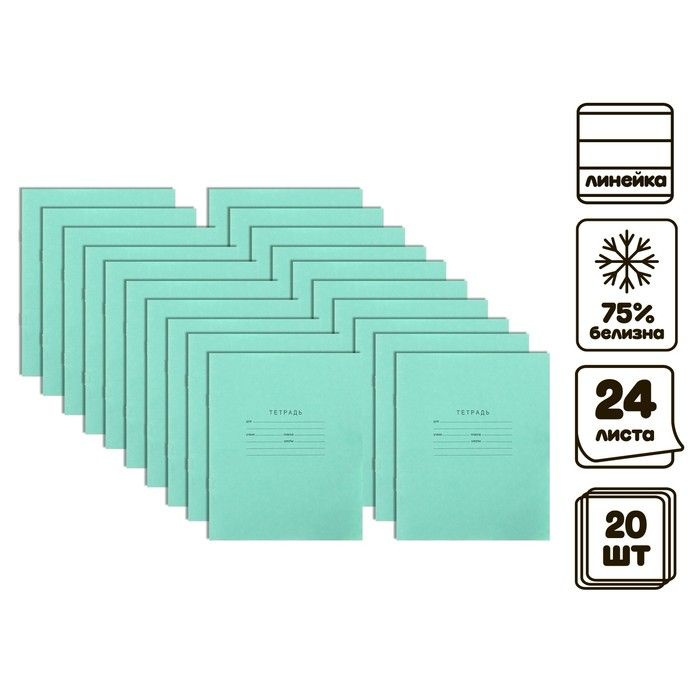 Комплект тетрадей из 20 штук, 24 листа в линию КПК "Зелёная обложка", блок №2, белизна 75% (серые листы) #1