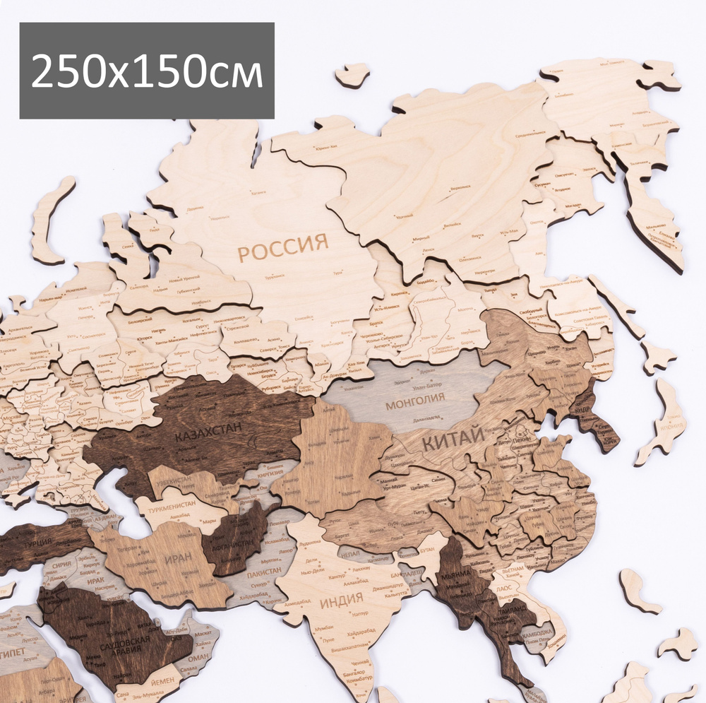 Карта мира из дерева объемная 250х150см / Деревянная карта мира подробная (гравировка стран, столиц, #1