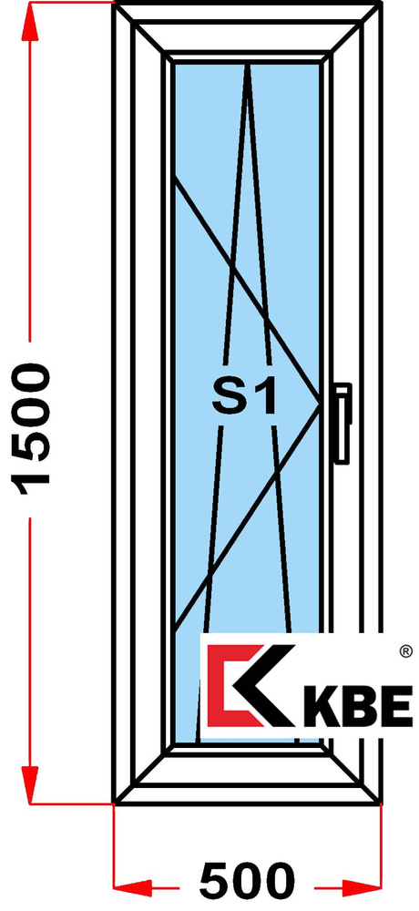 Окно пластиковое KBE 58 мм (1500 x 500), с поворотно-откидной створкой, стеклопакет из 2х стекол, левое #1