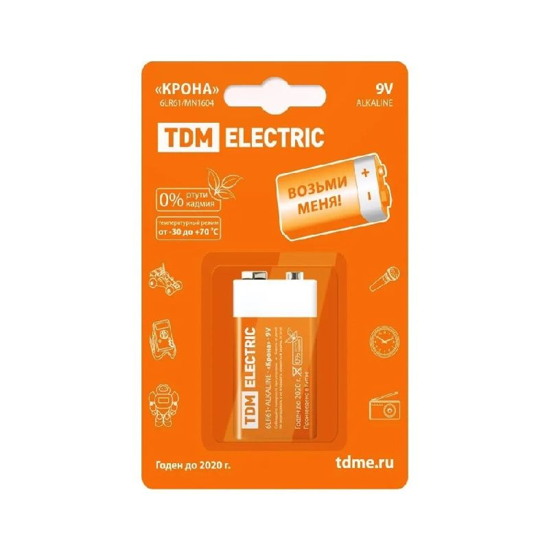 TDM Electric Батарейка Крона (6LR61, 1604A), Щелочной тип, 9 В, 1 шт #1