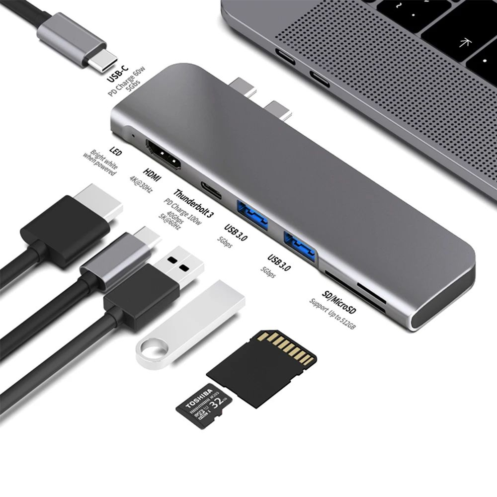 USB-C HUB 7 в 1 для MacBook Air/Pro, HDMI (4K/30hz), Thunderbolt 3 USB-C (5K/60hz) с PD charge 100w, #1