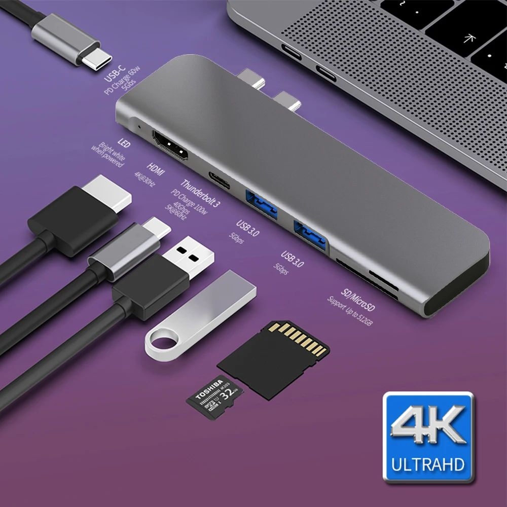 USB-C HUB 7 в 1 для MacBook Air/Pro, HDMI (4K/30hz), Thunderbolt 3 USB-C (5K/60hz) с PD charge 100w, #1