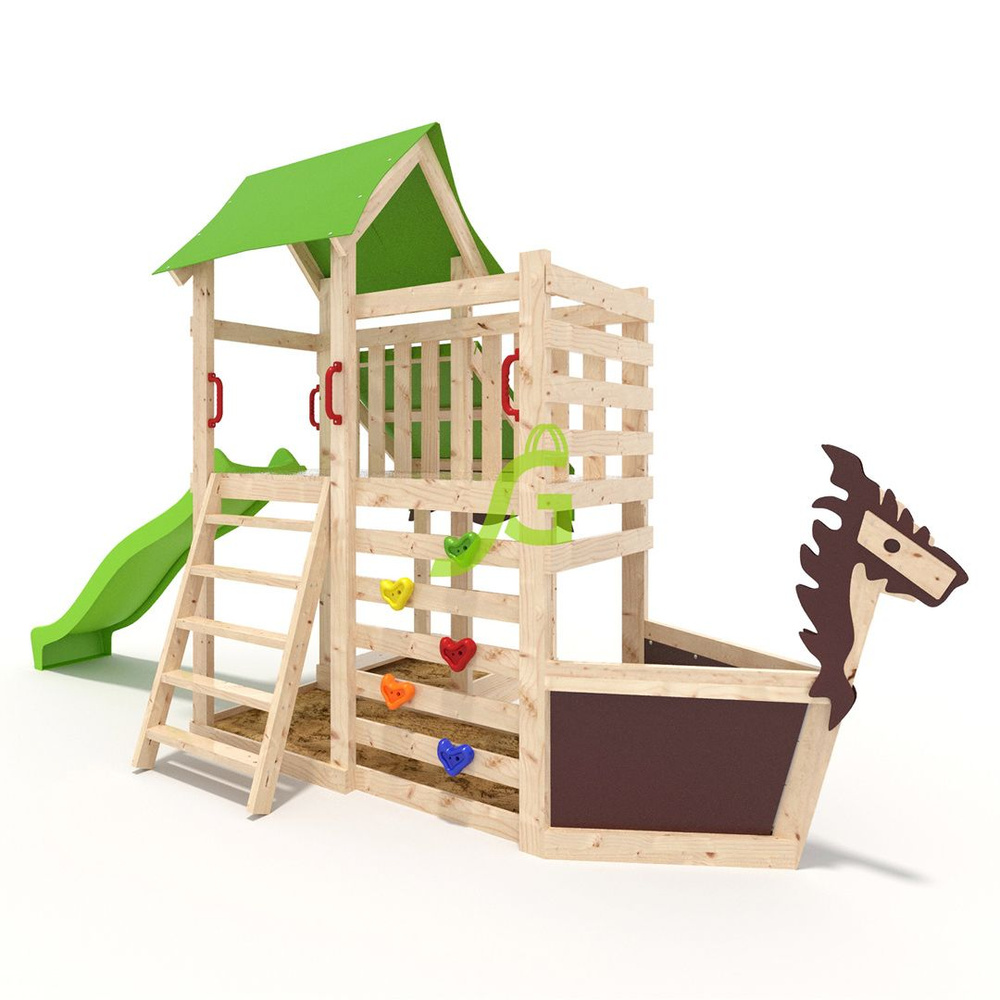 Детская площадка с песочницей в форме корабля, декором "дракон", горкой, скалодромом, тентовой крышей #1