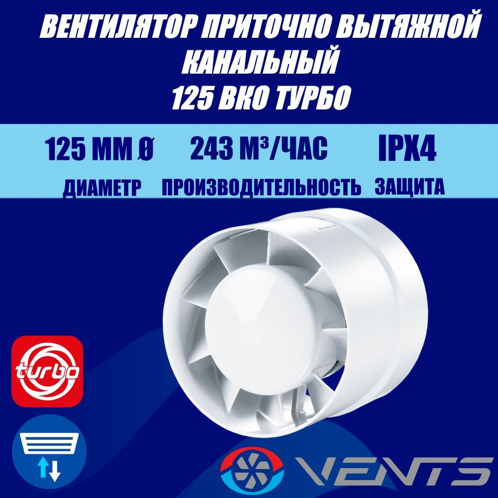 Вентилятор канальный приточный, вытяжной Вентс 125 ВКО Турбо  #1