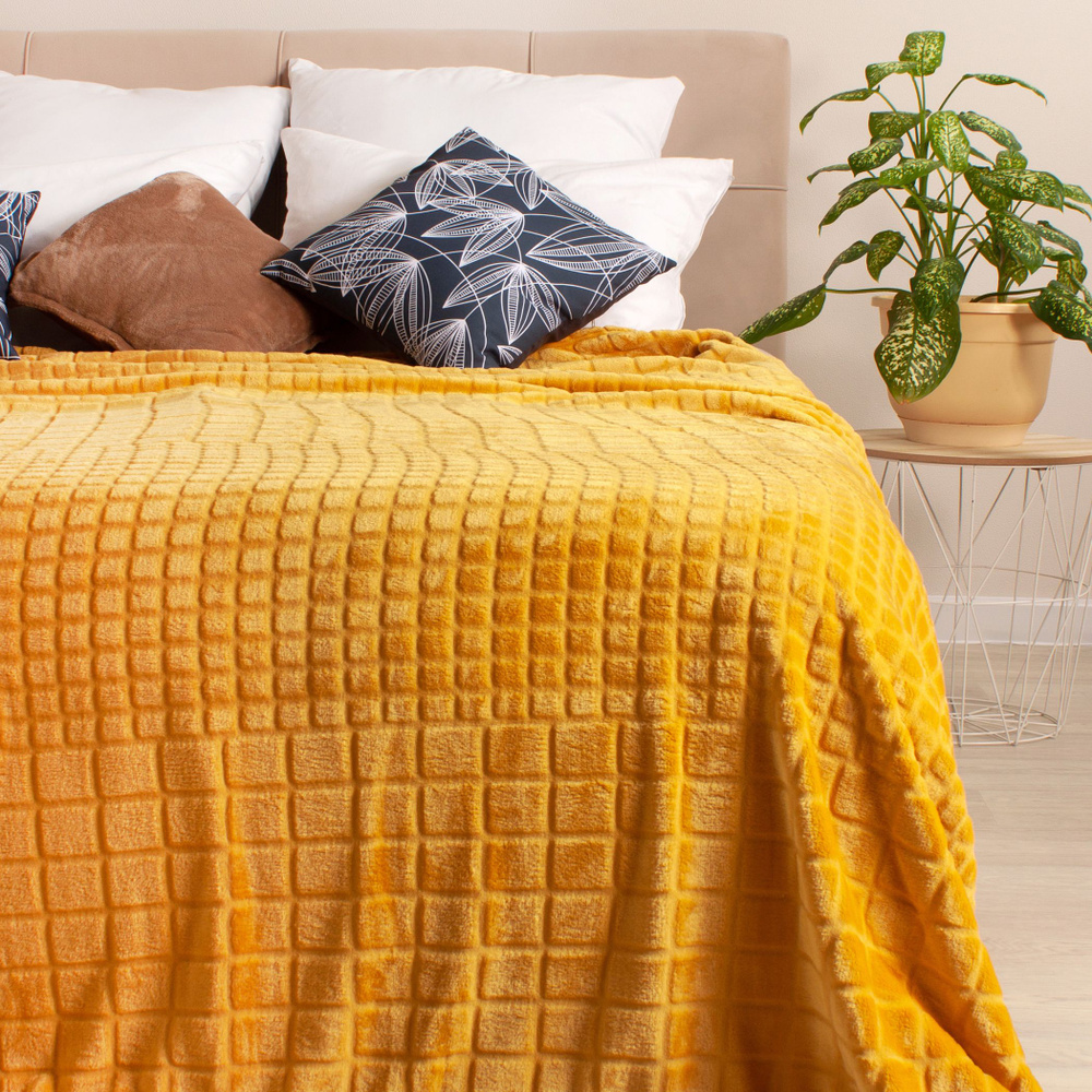 Плед велсофт 150х200 см фактурный, Casa Conforte Аспен, кубики, желтый  #1