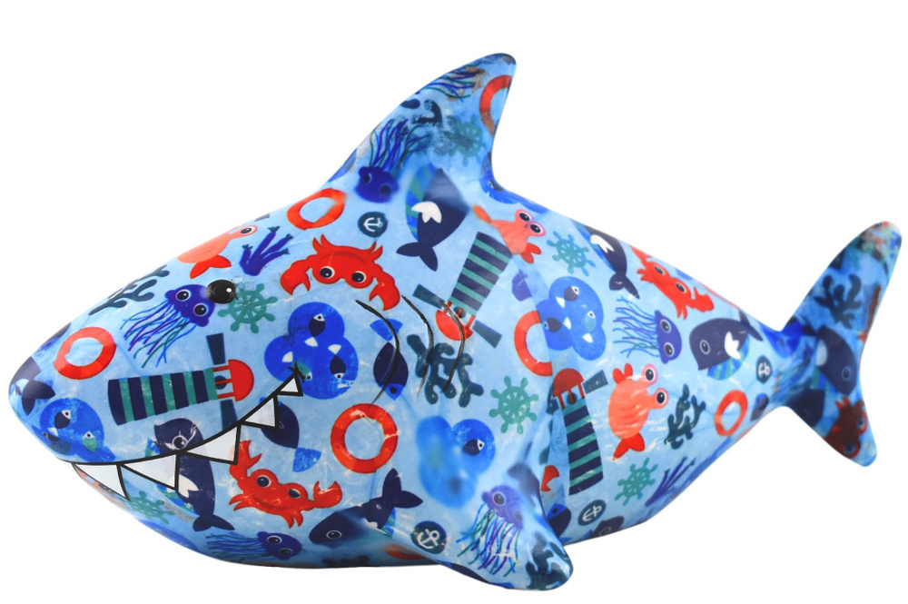 Pomme pidou Копилка для денег "Акула Фуззи (светло-синяя с морскими обитателями)", 26х14 см, 1 шт  #1