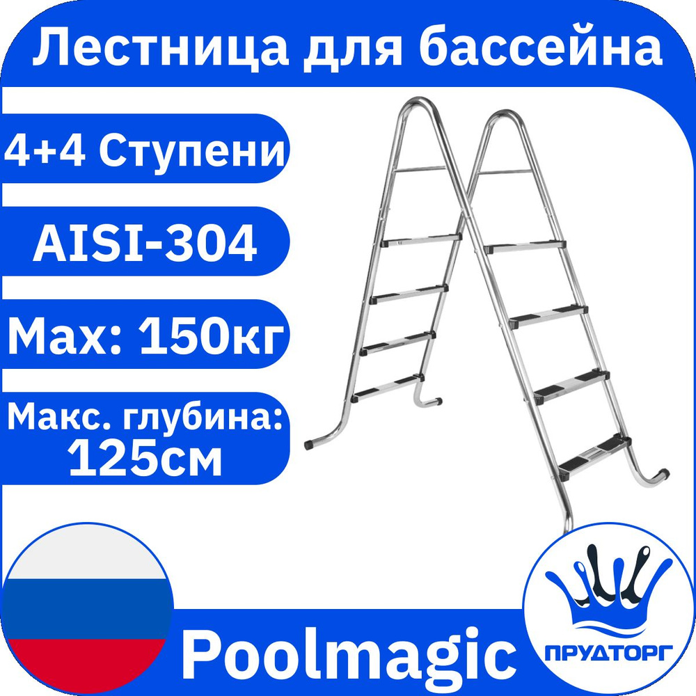 Лестница для бассейна двусторонняя Poolmagic 4+4 ступени из нержавеющей стали  #1